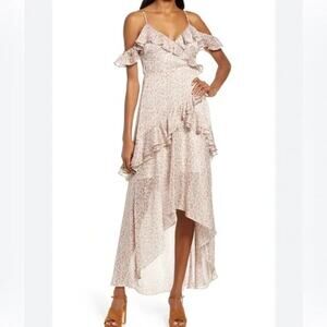 Floret Studios Cold Shoulder Asymmetric Ruffle Dress Cream Floral XS